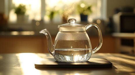 在阳光厨房台上的透明玻璃茶壶