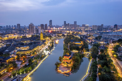 航拍淮安中洲岛清江浦御码头城市夜景 