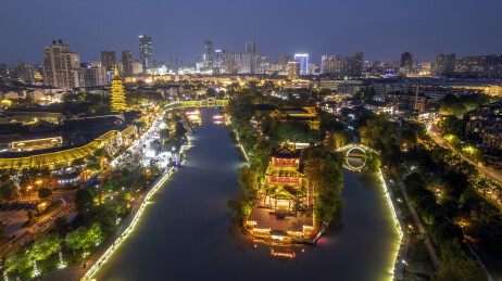 航拍淮安中洲岛清江浦御码头城市夜景 