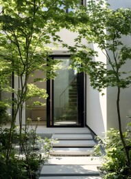 现代简约住宅外景，绿植和石阶