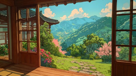 木屋窗外青山绿水风景如画