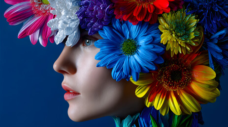 花簇环绕的女性侧脸艺术肖像