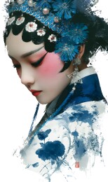 京剧旦角侧颜含蓄，蓝衣头饰典雅