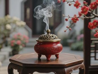 中式香炉与梅花意境