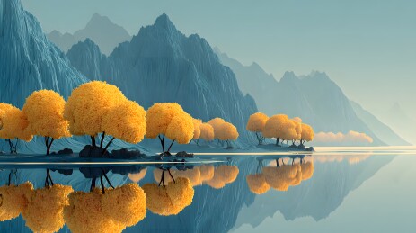 湖畔金树倒影山峦，宁静秋色