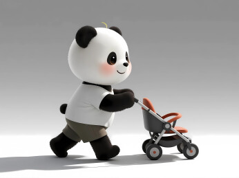推婴儿车的萌宠熊猫