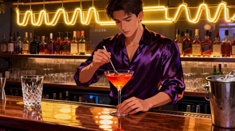 霓虹灯下的酒吧调酒师