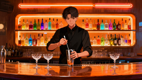 霓虹灯下的酒吧调酒师