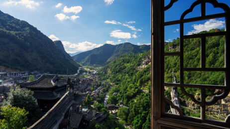 航拍望仙谷山间古村落