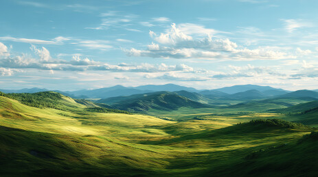 连绵起伏的绿色山丘与蓝天