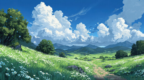 绿野花径与远山蓝天