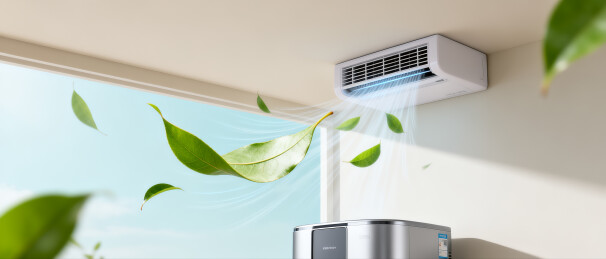 空调吹出绿叶的室内场景