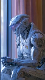 身穿未来装甲的机器人静坐窗边