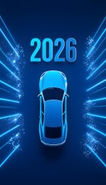 蓝色汽车与2026数字科技感画面