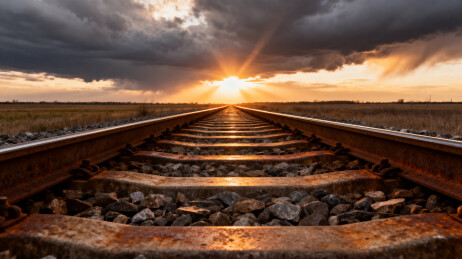 铁轨尽头夕阳穿透云层