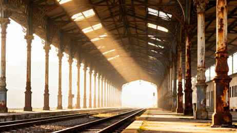 阳光洒落的复古火车站台
