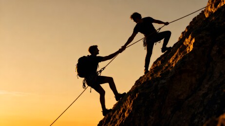 夕阳下攀岩者互相帮助