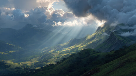 阳光穿透云层照耀山谷