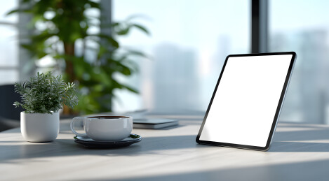 平板绿植咖啡杯的办公桌面