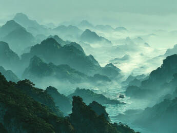 云雾缭绕的山川景色