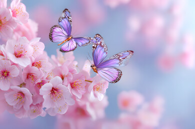 彩色的蝴蝶在粉红色的花间飞舞