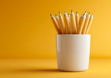 橙色背景上放着装满铅笔的笔筒