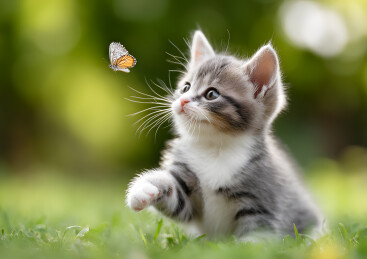 一只小猫和蝴蝶在玩耍