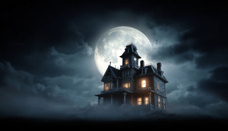 月亮与城堡在万圣节恐怖夜晚