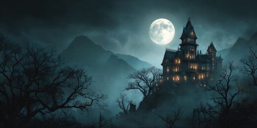 月亮与城堡在万圣节恐怖夜晚