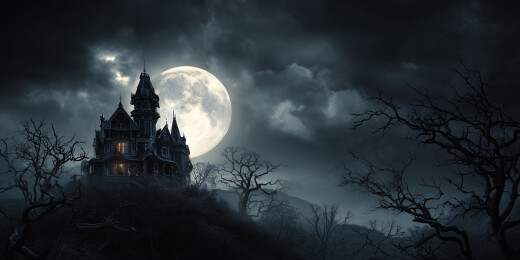 月亮与城堡在万圣节恐怖夜晚