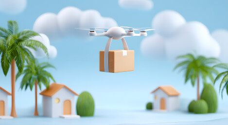 一个卡通无人机飞行器正在配送包裹