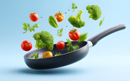 蔬菜在平底锅里翻腾