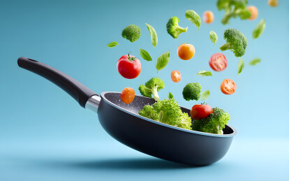 蔬菜在平底锅里翻腾