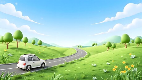 白色小车行驶在绿野蜿蜒公路上