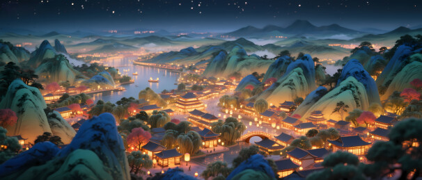 夜景山水村落全景