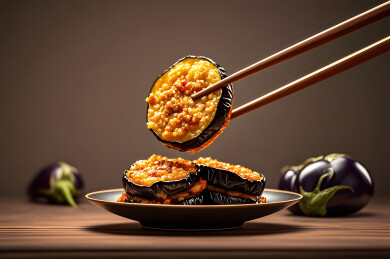 筷子夹起酿馅茄子的烹饪场景