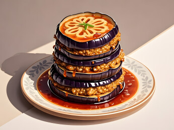 白色盘子上堆叠的多层酿馅茄子