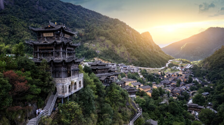 航拍望仙谷山间古村落旅行