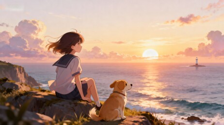 夕阳下的少女与爱犬凝望大海