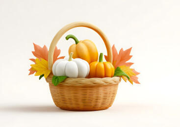 白色背景上菜篮子里装着南瓜