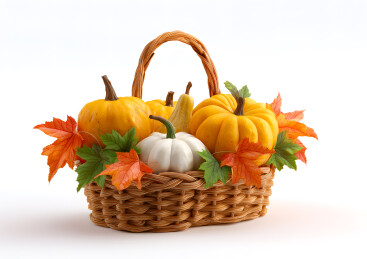 白色背景上菜篮子里装着南瓜