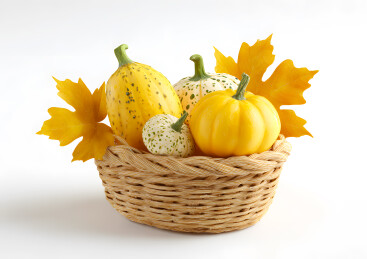 白色背景上菜篮子里装着南瓜