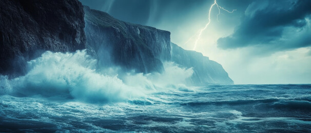汹涌波涛上的闪电雷鸣