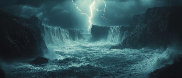 汹涌波涛上的闪电雷鸣