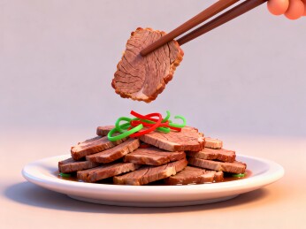 筷子夹起切片牛肉