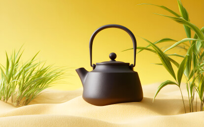 黄沙背景上一个铸铁茶壶