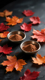 秋日枫叶与金属小碗