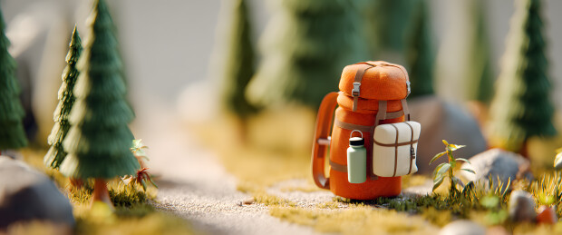 户外小径上的橙色登山背包