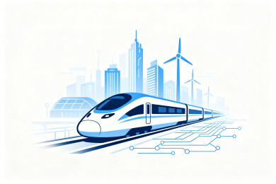 高速列车穿梭城市与风车