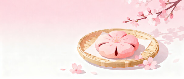 樱花糕点置于竹盘